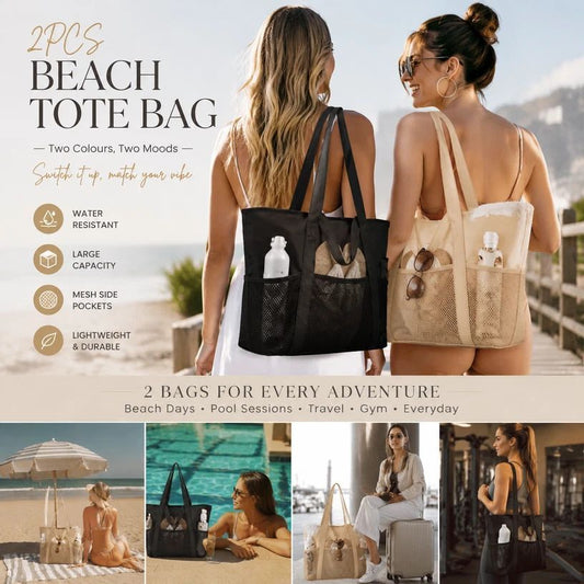 Beige & Solid Black Outdoor Travel Beach Handbag Twin Pack Kemu |Fashion Home Kitchen Beauty