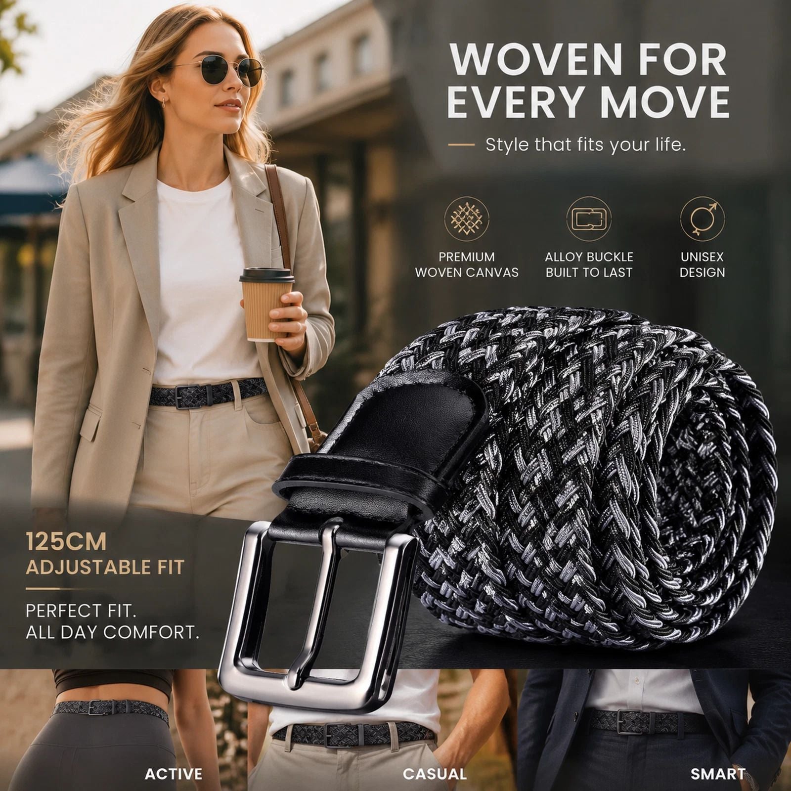 Black Grey Mixed Woven Golf Belt 125cm Stretch Elastic Canvas Trouser Strap Kemu |Fashion Home Kitchen Beauty