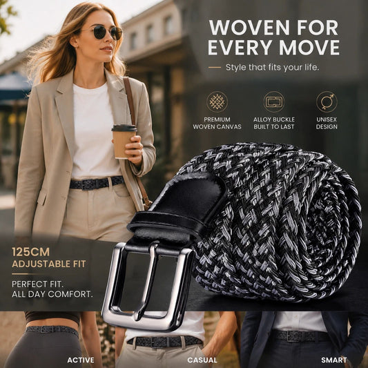 Black Grey Mixed Woven Golf Belt 125cm Stretch Elastic Canvas Trouser Strap Kemu |Fashion Home Kitchen Beauty