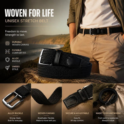 Black Grey Mixed Woven Golf Belt 125cm Stretch Elastic Canvas Trouser Strap Kemu |Fashion Home Kitchen Beauty