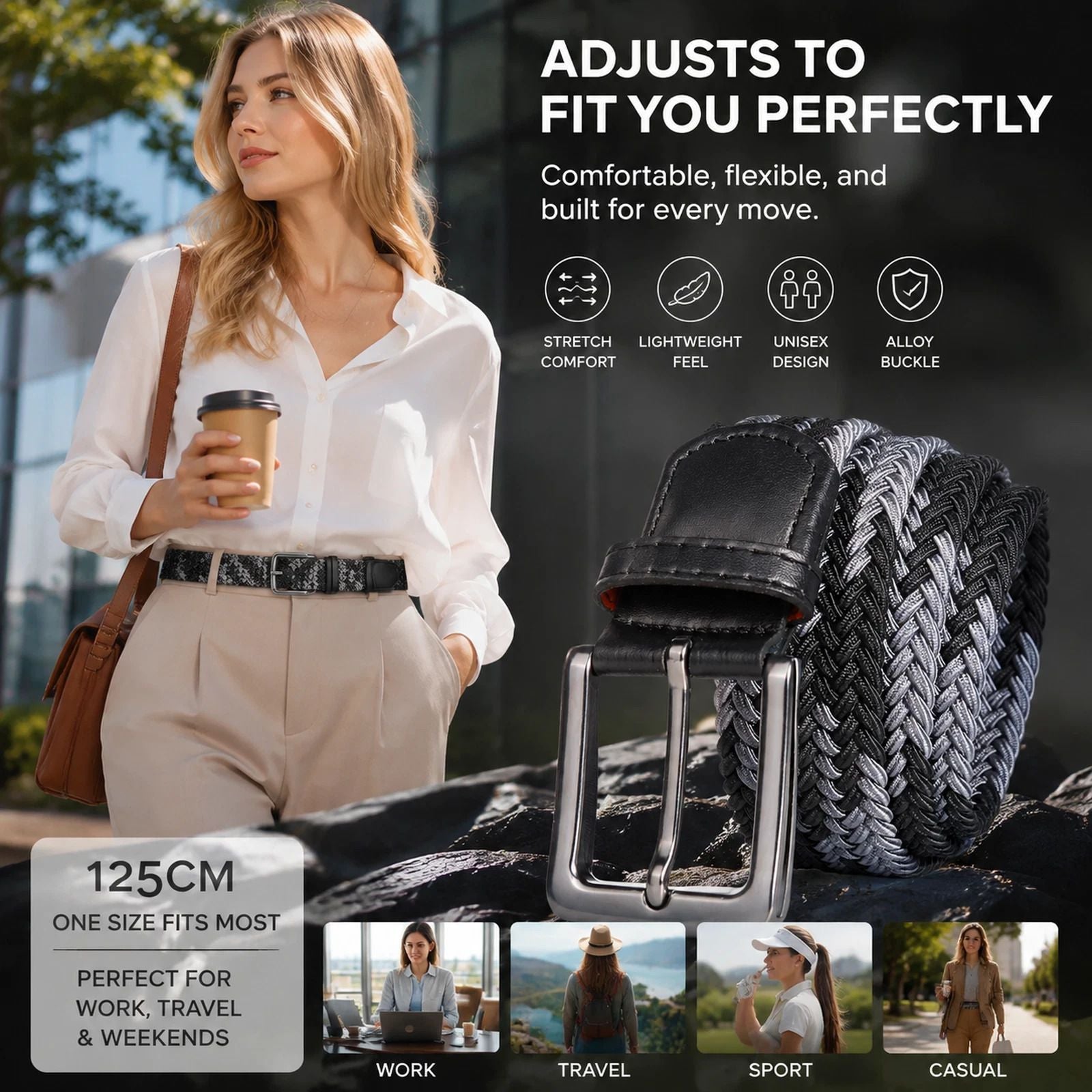 Double Black Grey Canvas Waist Strap 125cm Elastic Stretch Unisex Golf Belt Kemu |Fashion Home Kitchen Beauty