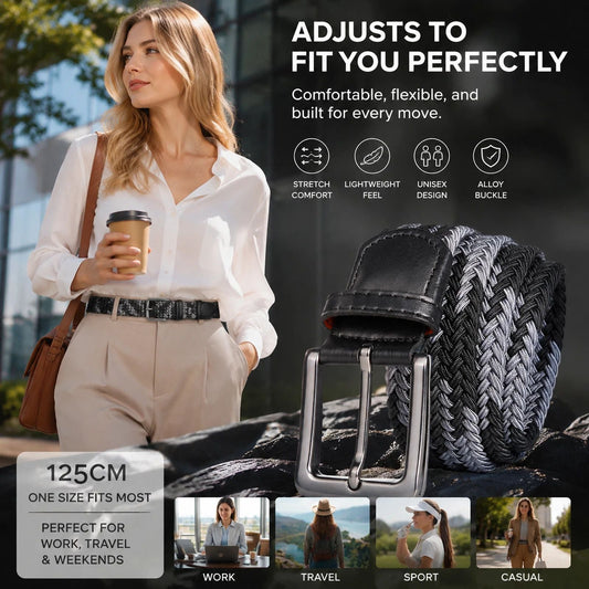 Double Black Grey Canvas Waist Strap 125cm Elastic Stretch Unisex Golf Belt Kemu |Fashion Home Kitchen Beauty