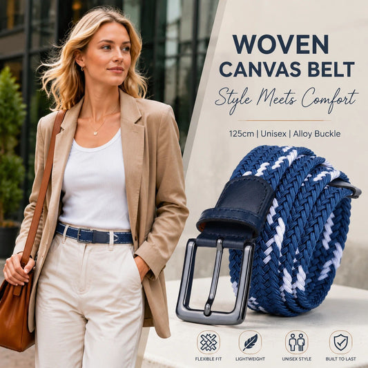 Double Blue White Block Stretch Canvas Belt 125cm Woven Elastic Golf Strap Kemu |Fashion Home Kitchen Beauty