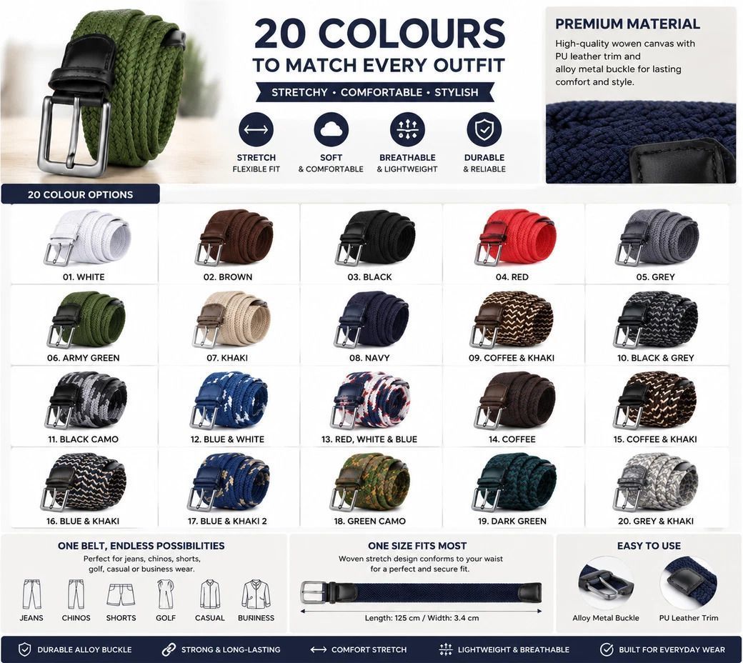 Double Blue White Block Stretch Canvas Belt 125cm Woven Elastic Golf Strap Kemu |Fashion Home Kitchen Beauty