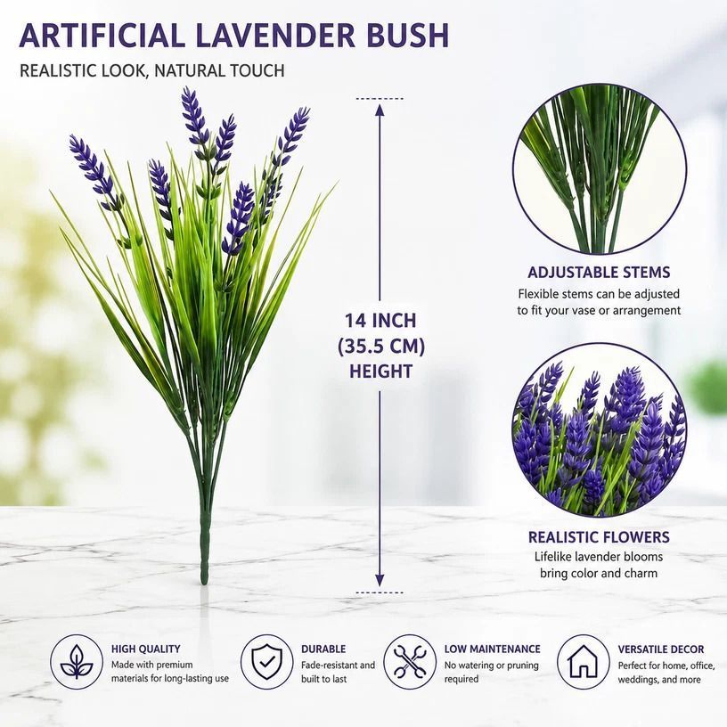 Purple 7 Fork Artificial Lavender Bouquet Spring Grass Fake Flower Decor 3 Pack