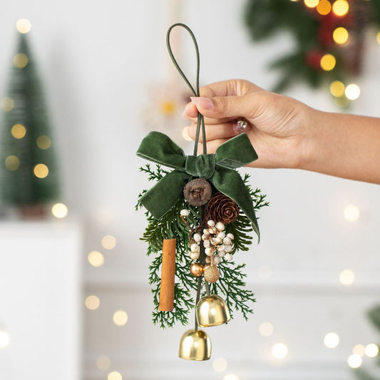 D7 Wood Strip Pinecone Double Bells Green 2 Pack Kemu |Fashion Home Kitchen Beauty