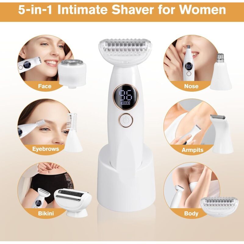 5, in Body, Eyebrows Bikini Line Intimate Trimmer, 1 Electric Shaver for Women, IPX7 Waterproof Bikini Trimmer with USB Charging Station for Face