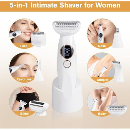 5, in Body, Eyebrows Bikini Line Intimate Trimmer, 1 Electric Shaver for Women, IPX7 Waterproof Bikini Trimmer with USB Charging Station for Face