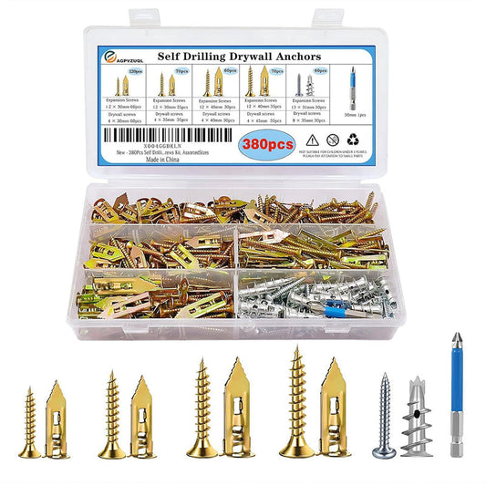 380 Pcs Self-Drilling Wall Anchors and Screw Kit Drywall Fixing Anchors Repair Tools Fasteners for Mounting Furniture on Moist Drywall Kemu |Fashion Home Kitchen Beauty