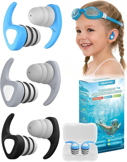 3 Pair Reusable Silicone Swimming Earplugs for Children Age 4 to 12, Waterproof Ear Protection