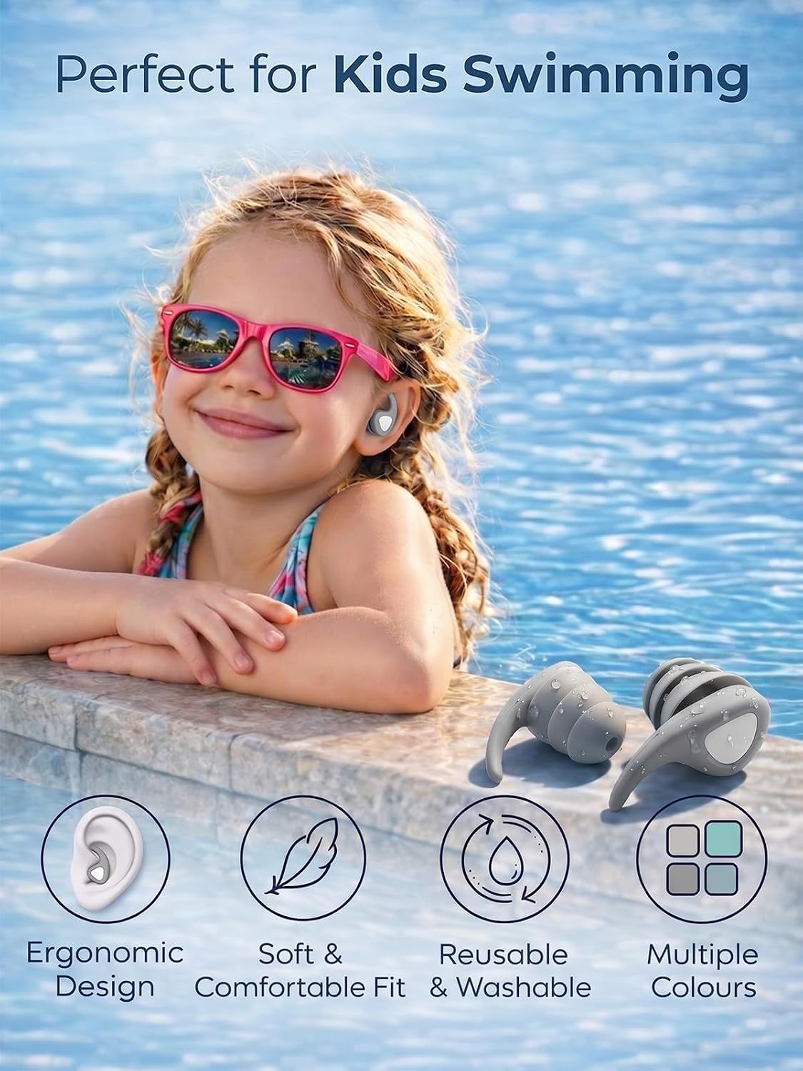 3 Pair Reusable Silicone Swimming Earplugs for Children Age 4 to 12, Waterproof Ear Protection