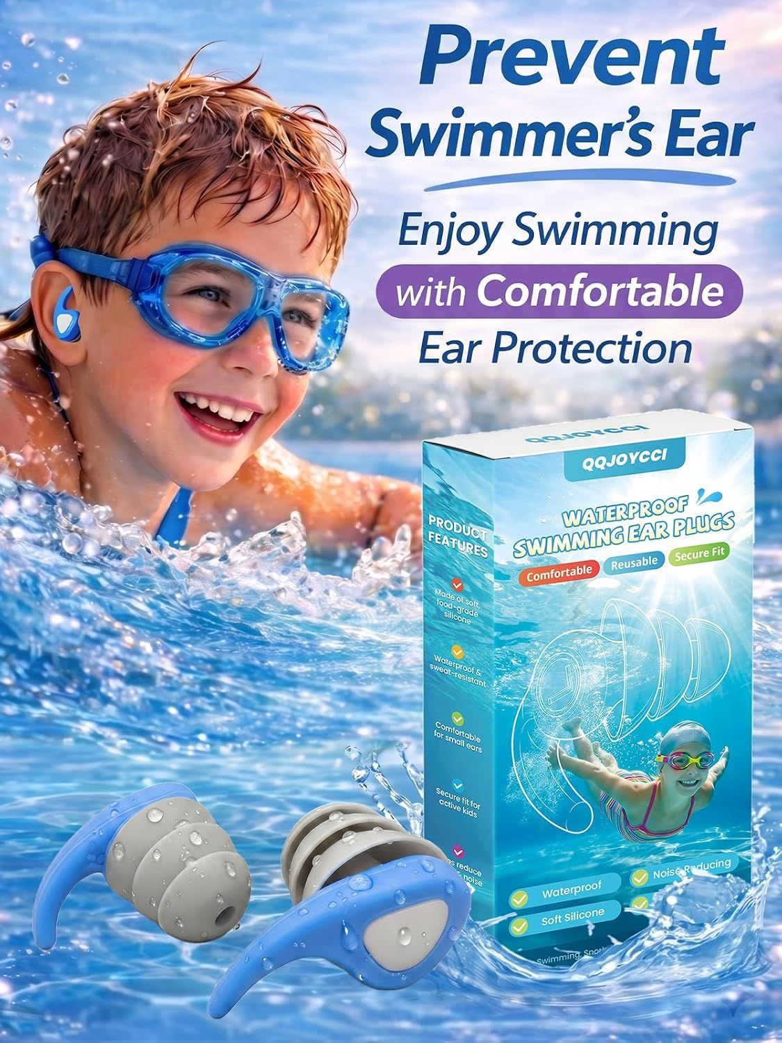 3 Pair Reusable Silicone Swimming Earplugs for Children Age 4 to 12, Waterproof Ear Protection