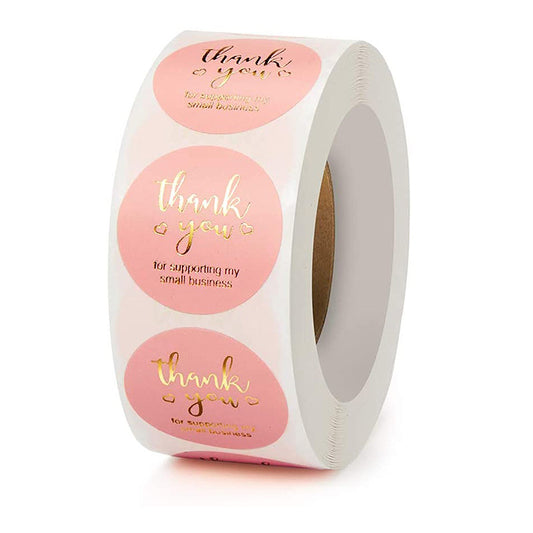 Rolls of 1000pcs Thank You Stickers, 2.5cm Self Adhesive Label Stickers, Kraft Paper and Pink Thank You Sticker