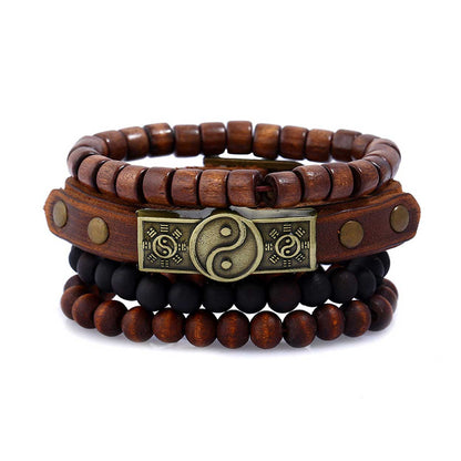4-pack handmade leather bracelets for men with wooden beads, brown - Compatible with iPhone brown Kemu |Fashion Home Kitchen Beauty