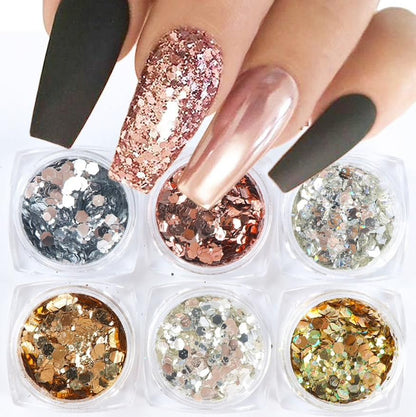 6pcs multi-color nail glitter decorations