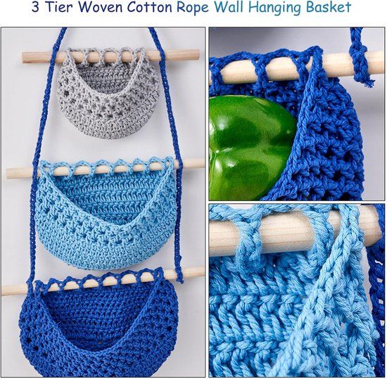 3 Tier Hanging Fruit And Vegetable Basket, Removable Woven Cotton Rope Wall Organizer For Kitchen Storage, Blue And Gray Kemu |Fashion Home Kitchen Beauty