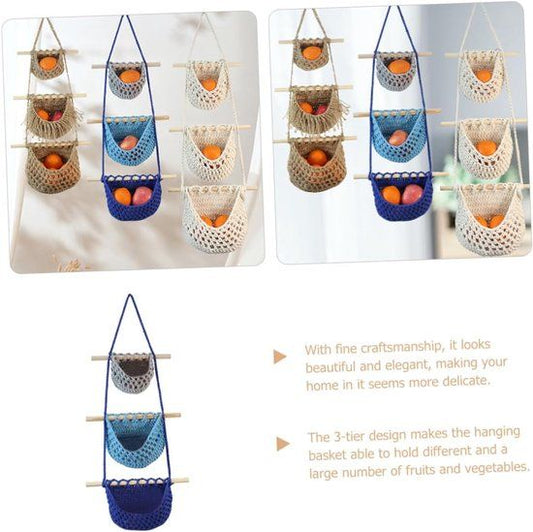 3 Tier Hanging Fruit And Vegetable Basket, Removable Woven Cotton Rope Wall Organizer For Kitchen Storage, Blue And Gray Kemu |Fashion Home Kitchen Beauty