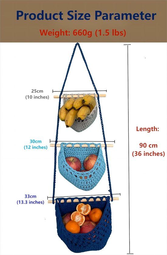 3 Tier Hanging Fruit And Vegetable Basket, Removable Woven Cotton Rope Wall Organizer For Kitchen Storage, Blue And Gray Kemu |Fashion Home Kitchen Beauty