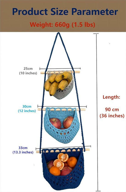 3 Tier Hanging Fruit And Vegetable Basket, Removable Woven Cotton Rope Wall Organizer For Kitchen Storage, Blue And Gray Kemu |Fashion Home Kitchen Beauty