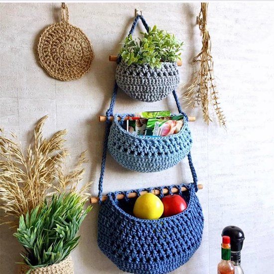 3 Tier Hanging Fruit And Vegetable Basket, Removable Woven Cotton Rope Wall Organizer For Kitchen Storage, Blue And Gray Kemu |Fashion Home Kitchen Beauty