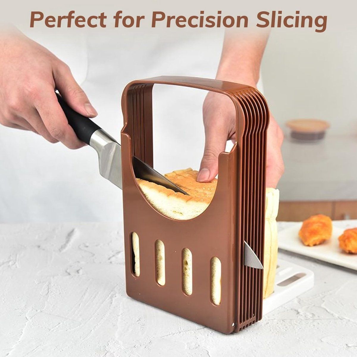 Adjustable Bread Slicer Guide, Foldable ABS Slicing Tool With Crumb Tray, For Homemade Bread Bagels Sourdough Cakes, Brown, 6.3 in Kemu |Fashion Home Kitchen Beauty