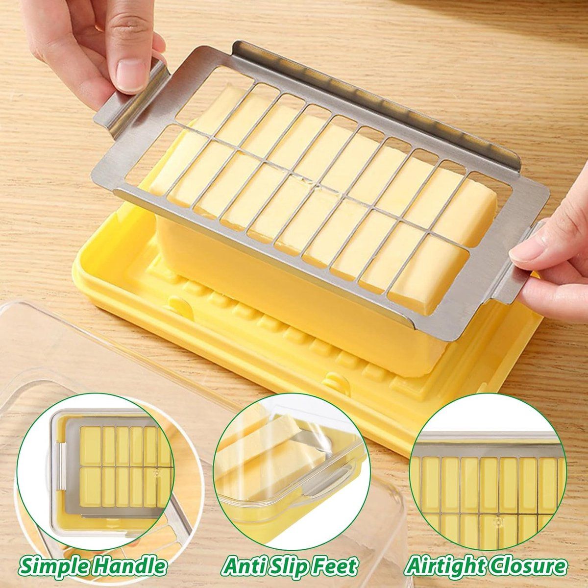 Butter Dish With Lid And Built In Slicer, BPA Free Butter Keeper With Stainless Steel Cutter, For Fridge Countertop, Yellow, 19.45 x 10.6 x 4.8 cm Kemu |Fashion Home Kitchen Beauty