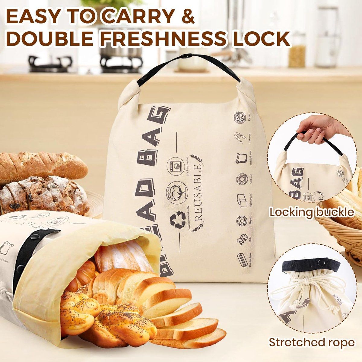 2 Pack Beeswax Bread Bags, Cotton Reusable Food Storage Bags For Homemade Bread Baking And Camping, Natural Beige, 42 x 32 cm Kemu |Fashion Home Kitchen Beauty