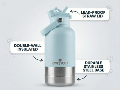 Pawstock 3-in-1 Insulated Dog Water Bottle with Dual Bowls – 1L Stainless Steel Travel Bottle-Aqua Kemu |Fashion Home Kitchen Beauty