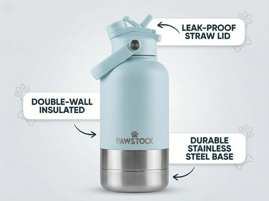 Pawstock 3-in-1 Insulated Dog Water Bottle with Dual Bowls – 1L Stainless Steel Travel Bottle-Aqua Kemu |Fashion Home Kitchen Beauty