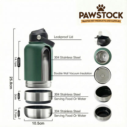 Pawstock 3-in-1 Insulated Dog Water Bottle with Dual Bowls – 1L Stainless Steel Travel Bottle-Rainforest Green Kemu |Fashion Home Kitchen Beauty