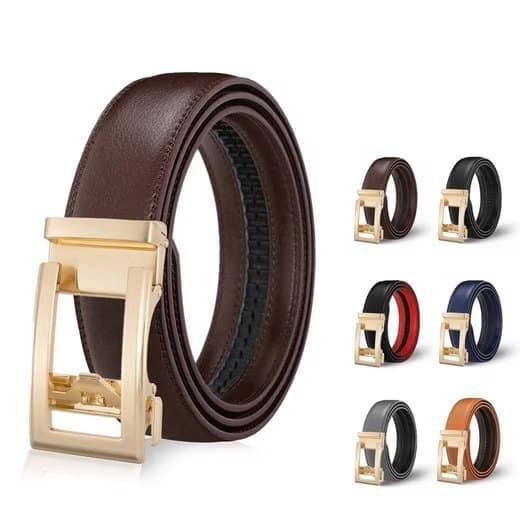 Unisex Double‑Sided Leather Ratchet Belt, Hole‑Free Adjustable Alloy Buckle for Men & Women(Brown） Kemu |Fashion Home Kitchen Beauty