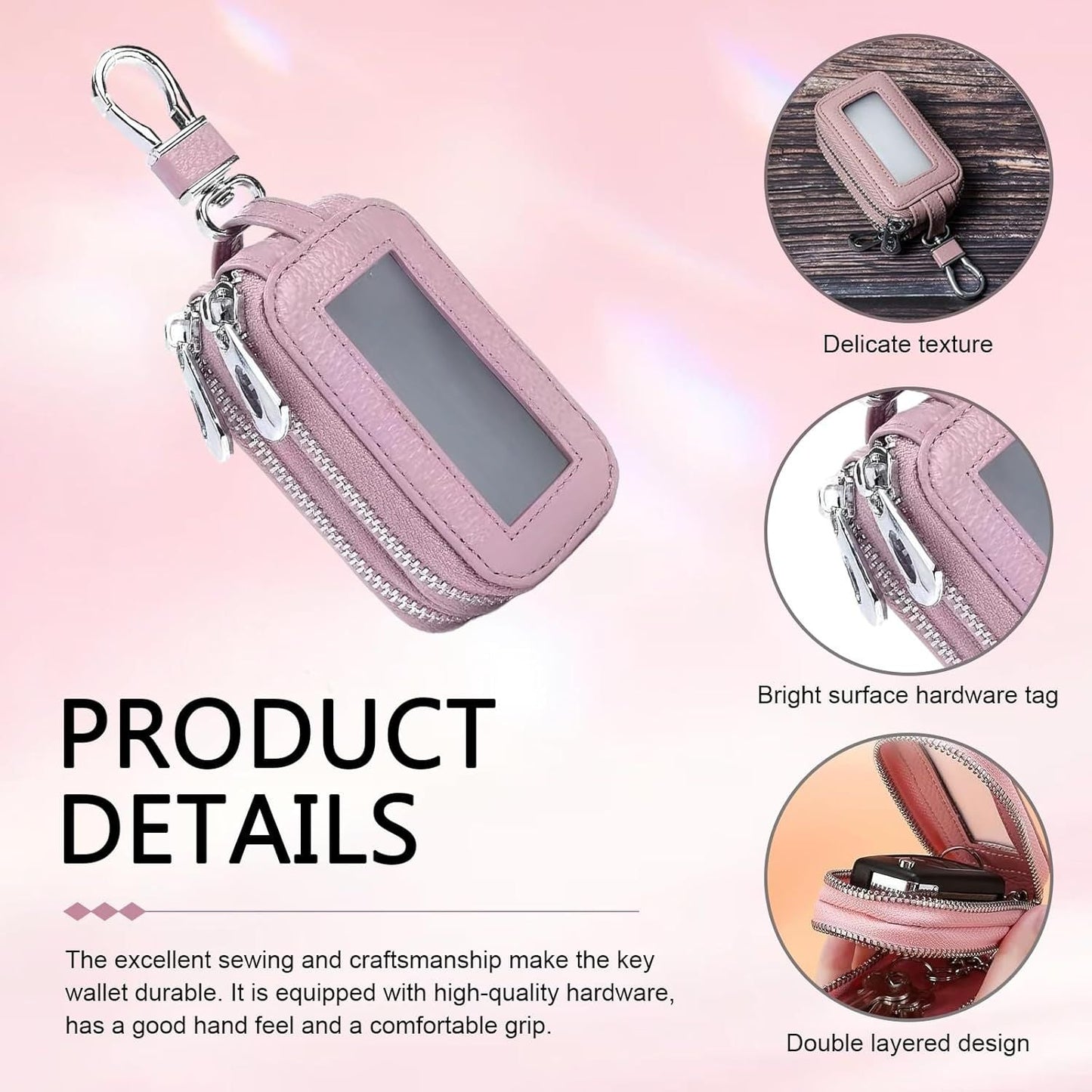 Car Key Fob Case, Double-layer Remote Key Storage Bag with Zipper Closure and Lanyard, for Men Women (Pink) Kemu |Fashion Home Kitchen Beauty
