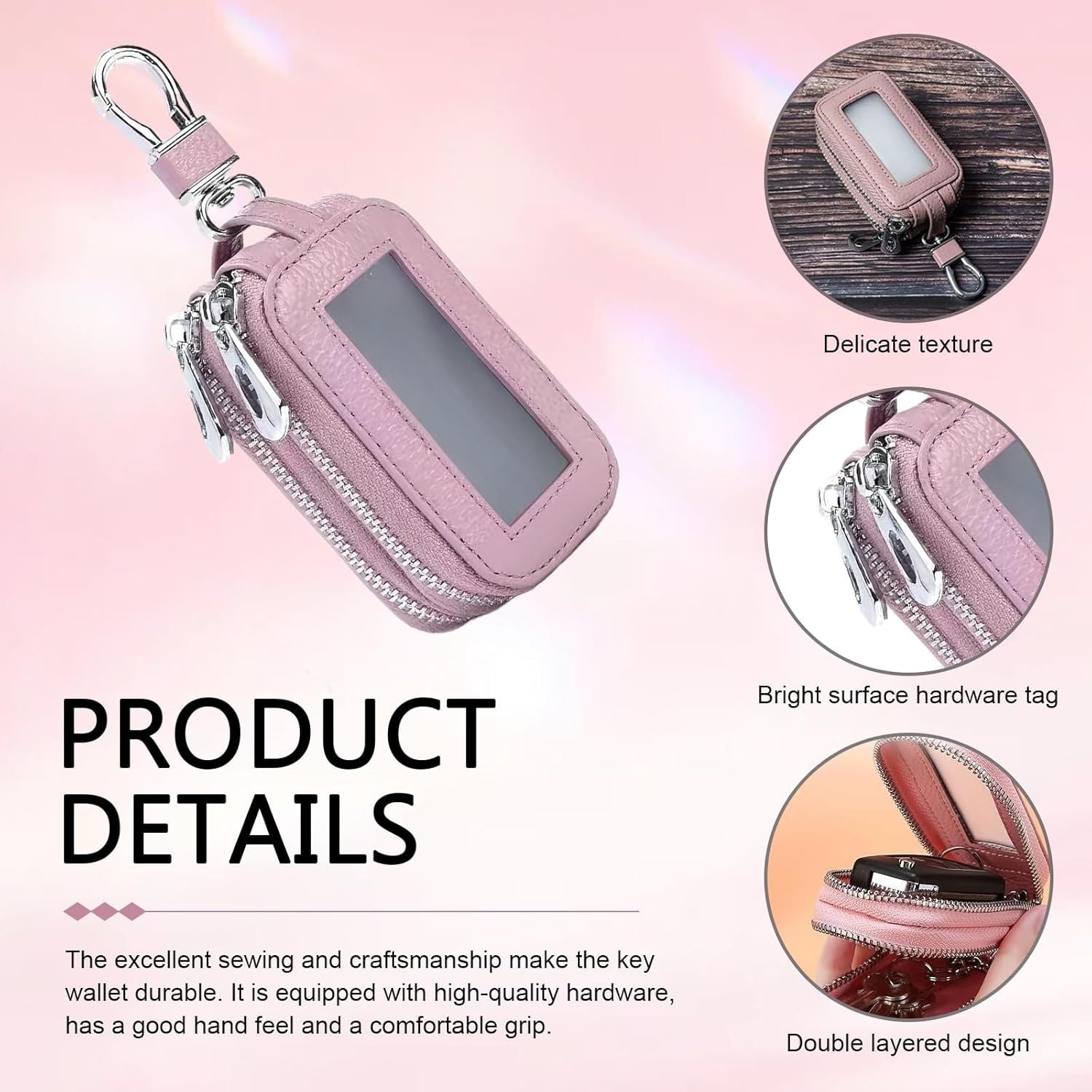 Car Key Fob Case, Double-layer Remote Key Storage Bag with Zipper Closure and Lanyard, for Men Women (Pink) Kemu |Fashion Home Kitchen Beauty