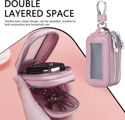 Car Key Fob Case, Double-layer Remote Key Storage Bag with Zipper Closure and Lanyard, for Men Women (Pink) Kemu |Fashion Home Kitchen Beauty