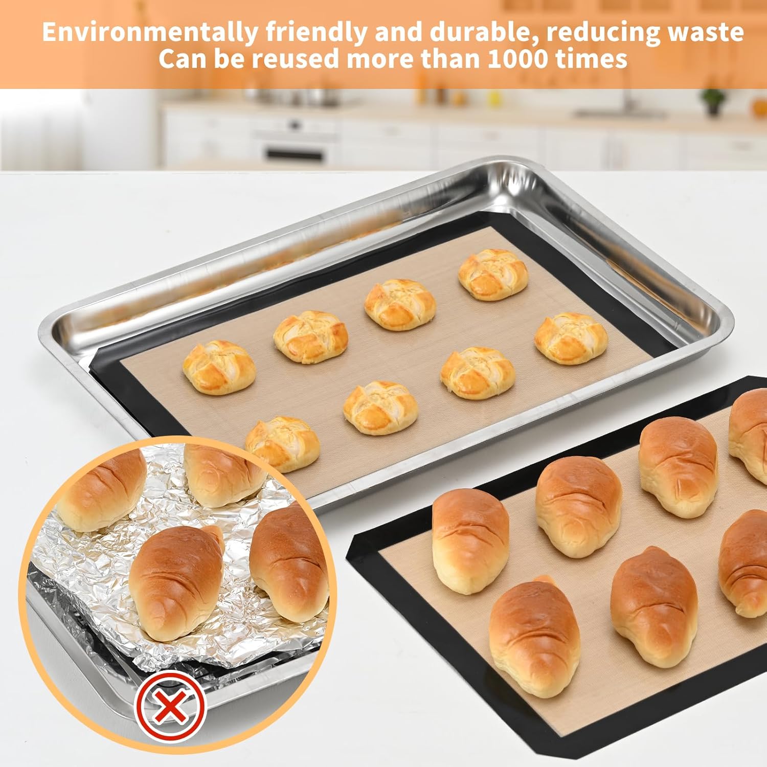 2-Pack Silicone Baking Mats – Non-Stick Reusable BPA-Free Oven Liners, 100% Food-Grade Silicone, Fit Half Sheet Pans (16.54" x 11.62") for Cookies, Pastry & More Orange/Beige, 0.4mm Kemu |Fashion Home Kitchen Beauty