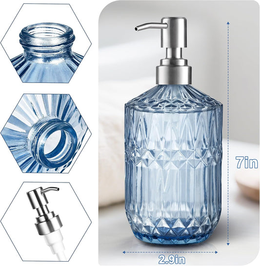 13 Oz Refillable Soap Dispenser, Glass Soap Dispenser for Dispense Hand Soap, Dish Soap, Lotion (Blue)