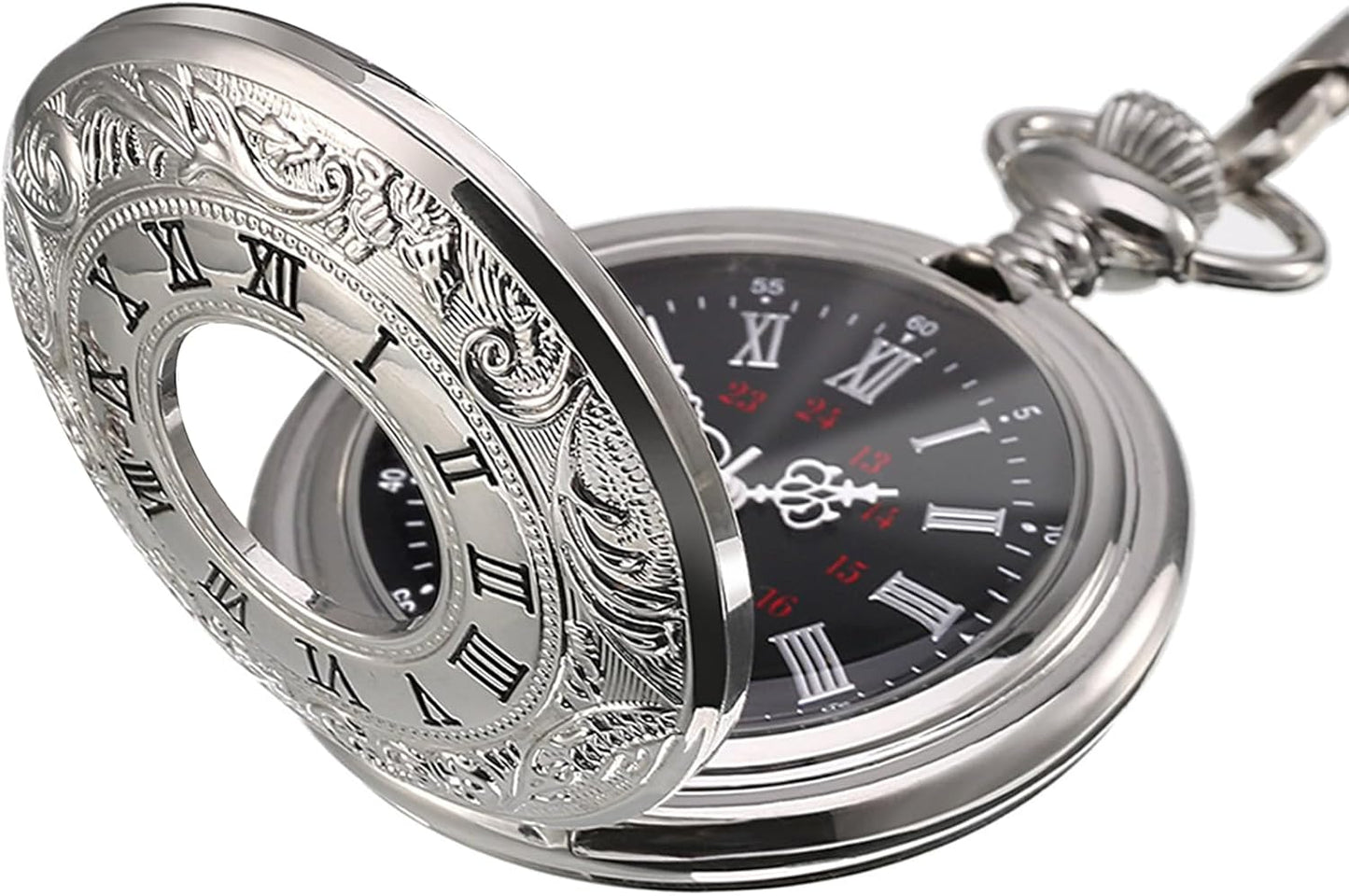 Vintage Pocket Watch Steel Men Watch with Chain (Silver) Kemu |Fashion Home Kitchen Beauty
