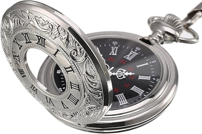 Vintage Pocket Watch Steel Men Watch with Chain (Silver) Kemu |Fashion Home Kitchen Beauty