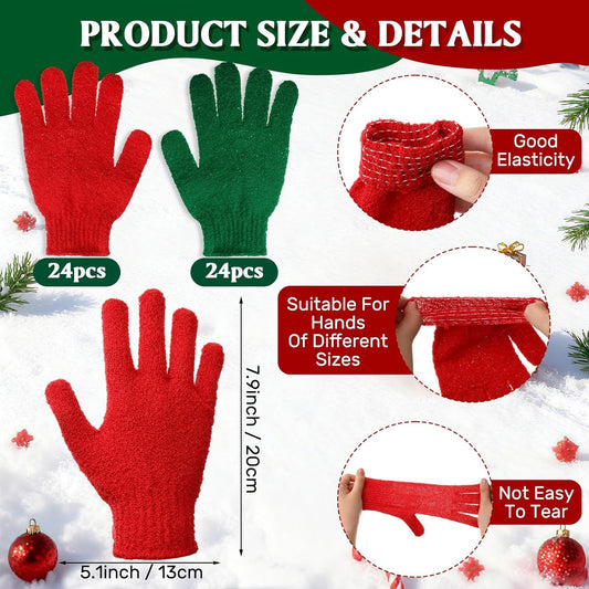 48 Pcs Red and Green Exfoliating Gloves Shower Gloves Bulk Christmas Stocking Stuffing Gifts Double Sided Body Scrub Exfoliate Glove for Women & Men Bath Shower Beauty Spa Massage Scrubber