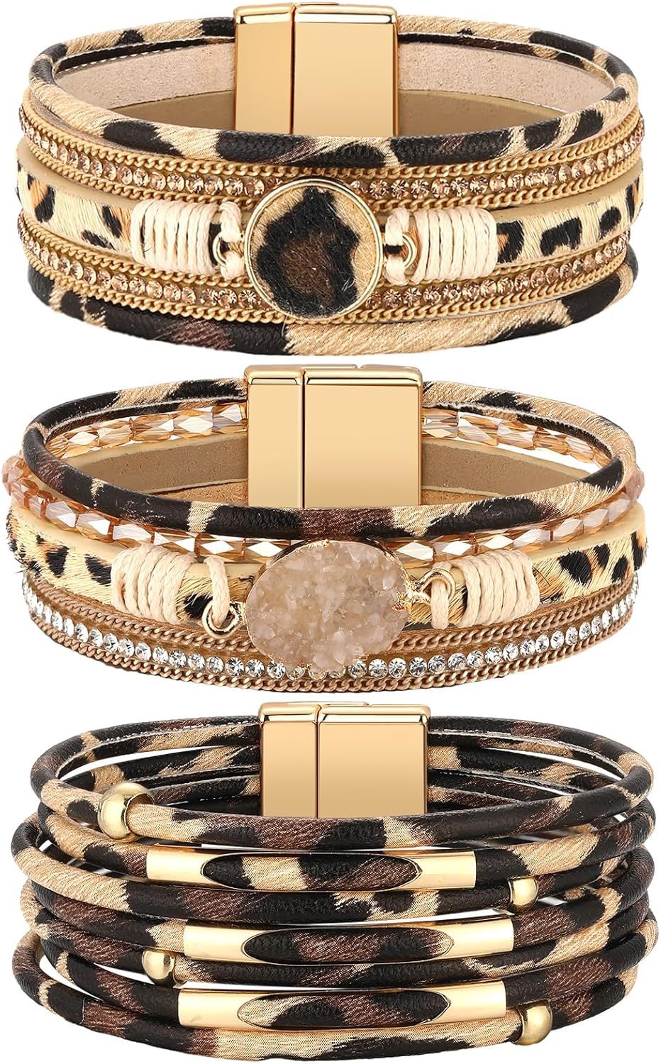 3 Pcs Western Bracelet for Women Leather Multi Layer Wrap Bracelet Western Boho Crystal Beads Cuff Jewelry Kemu |Fashion Home Kitchen Beauty