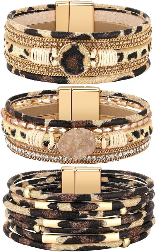 3 Pcs Western Bracelet for Women Leather Multi Layer Wrap Bracelet Western Boho Crystal Beads Cuff Jewelry Kemu |Fashion Home Kitchen Beauty