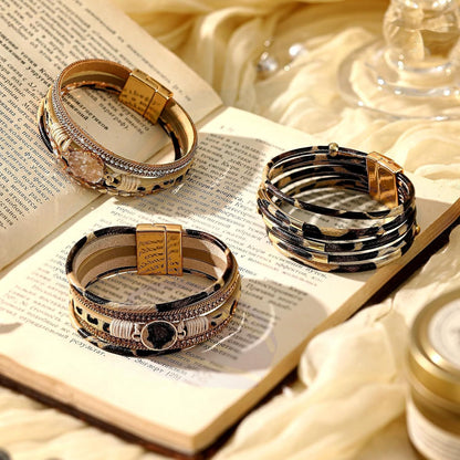 3 Pcs Western Bracelet for Women Leather Multi Layer Wrap Bracelet Western Boho Crystal Beads Cuff Jewelry Kemu |Fashion Home Kitchen Beauty
