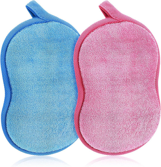 2Pcs Soft Bath Sponge, Cotton Shower Sponge Absorbent Gentleness Exfoliating Body Scrubber Shower Skin Friendly Comfort Bathing Tool for Men Women All Skin Type (Blue,Pink)