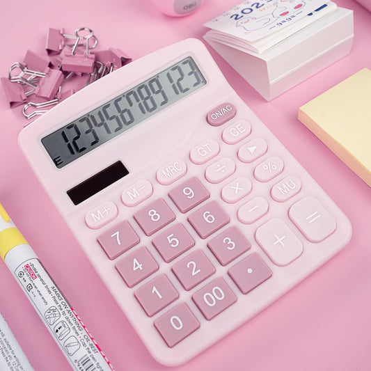 Cute Pink Desktop Calculator with Big Buttons, Dual Power Source, Solar and Battery, Large Display Screen - Perfect for Office, Teachers, and Students (Pink)