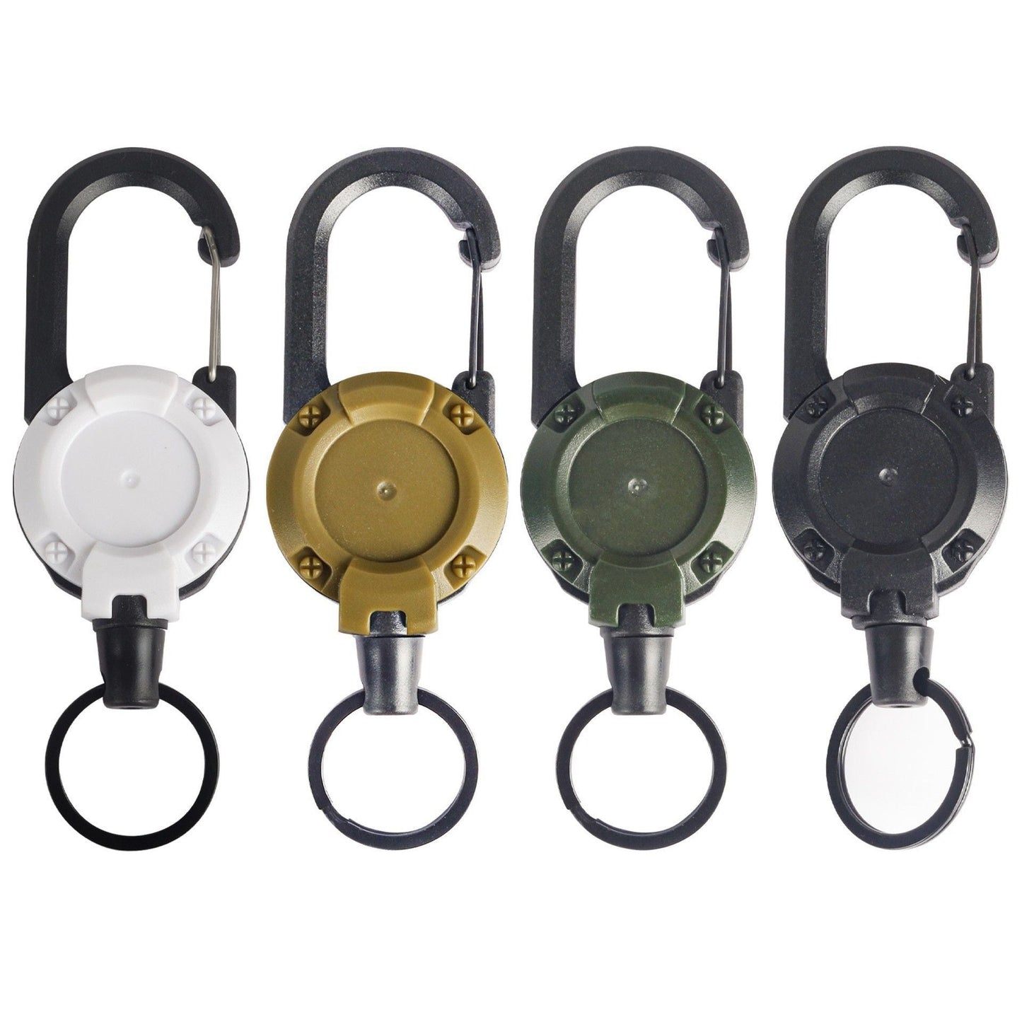 Retractable Gear Tether 4-Pack - Stainless Steel Cable Keychain Reel for Outdoor Fishing Hiking - Auto Retracting Badge Holder with Carabiner Clip - Black Khaki Green White Kemu |Fashion Home Kitchen Beauty