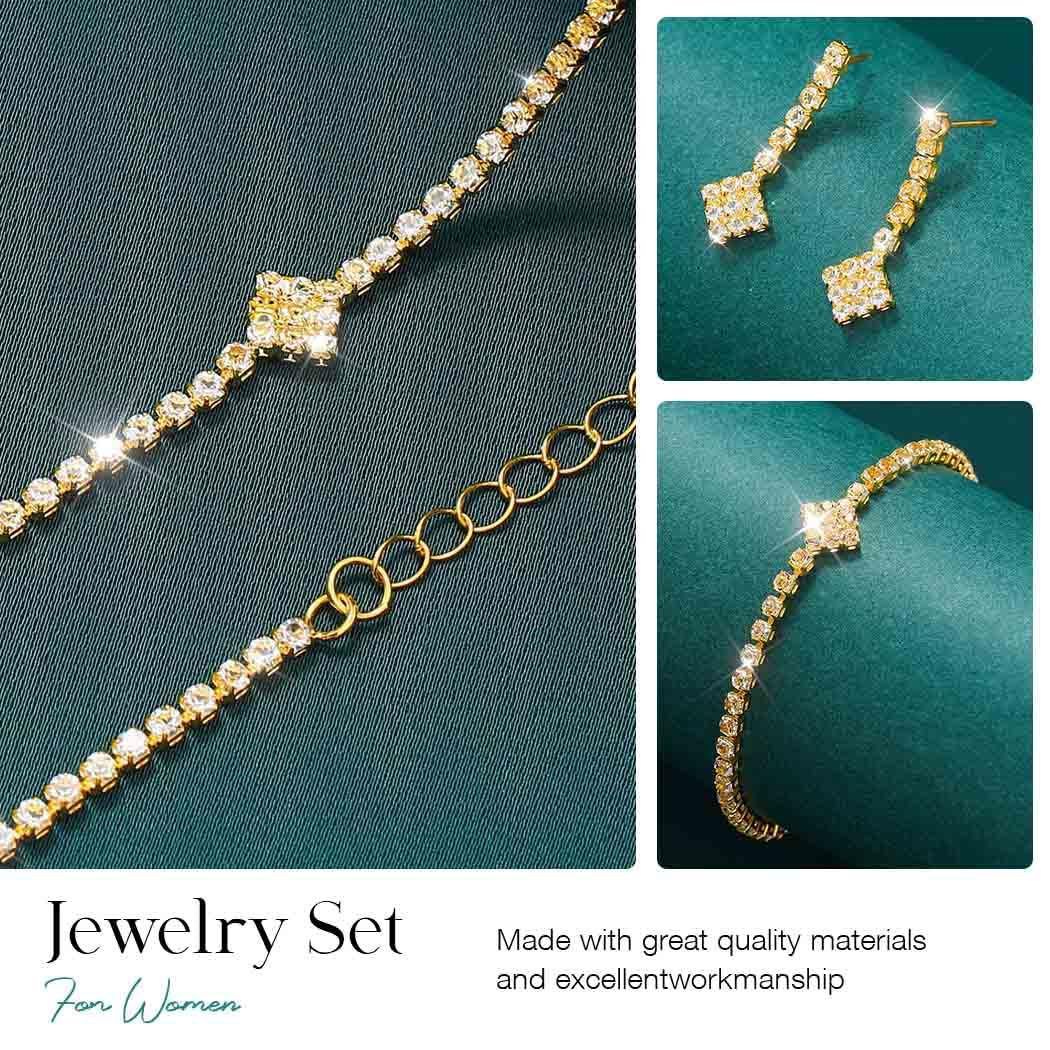 Bridal Zircon Jewelry Set 3-in-1 - Earrings Bracelet Necklace for Wedding Party - Crystal Shiny Bridal Jewelry Set for Women - Gold Kemu |Fashion Home Kitchen Beauty