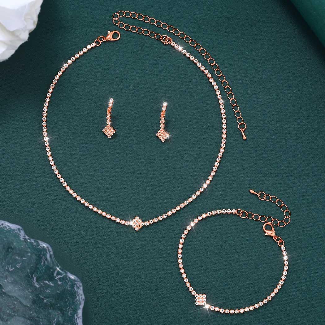Bridal Zircon Jewelry Set 3-in-1 - Earrings Bracelet Necklace for Wedding Party - Crystal Shiny Bridal Jewelry Set for Women - Rose Gold Kemu |Fashion Home Kitchen Beauty