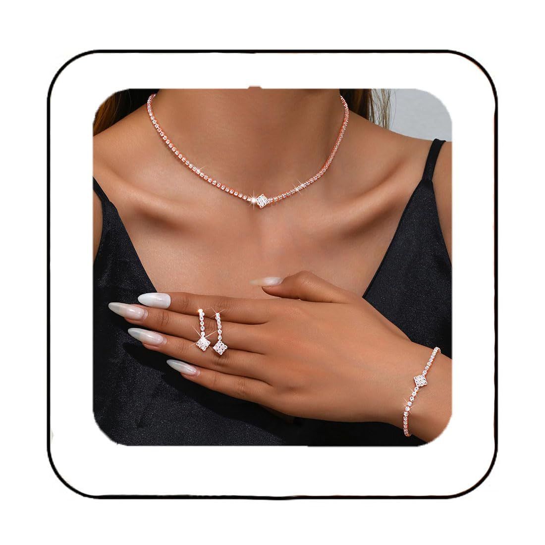 Bridal Zircon Jewelry Set 3-in-1 - Earrings Bracelet Necklace for Wedding Party - Crystal Shiny Bridal Jewelry Set for Women - Rose Gold Kemu |Fashion Home Kitchen Beauty