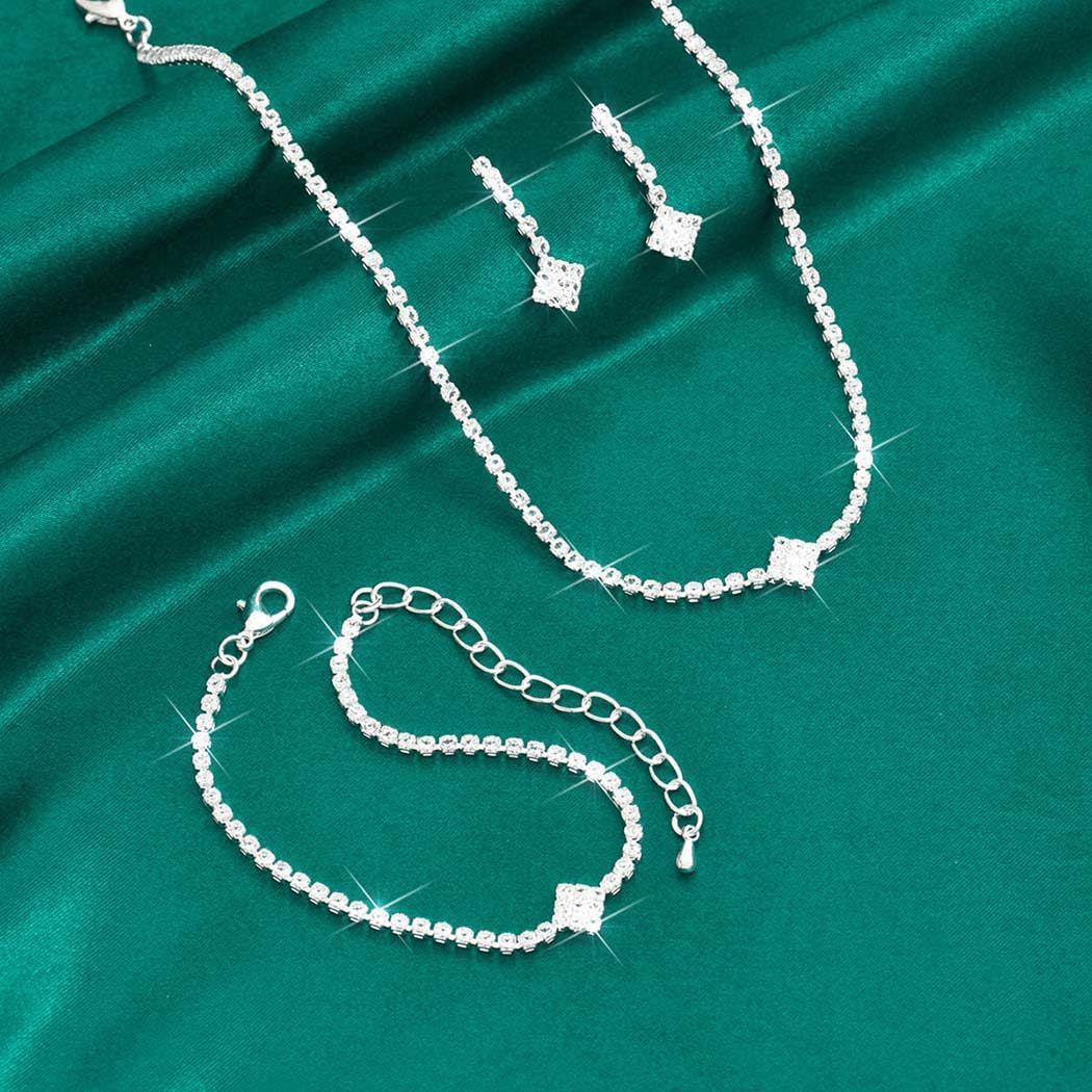 Bridal Zircon Jewelry Set 3-in-1 - Earrings Bracelet Necklace for Wedding Party - Crystal Shiny Bridal Jewelry Set for Women - Silver Kemu |Fashion Home Kitchen Beauty