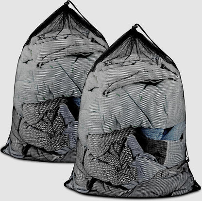 2 Pack Large Mesh Laundry Bags, 24" x 36" Heavy Duty Strong Drawstring Dirty Clothes Bags with Soft Breathable Net, Machine Washable Laundry Bag for College, Dorm, Camp, Travel and Family Use(Black)
